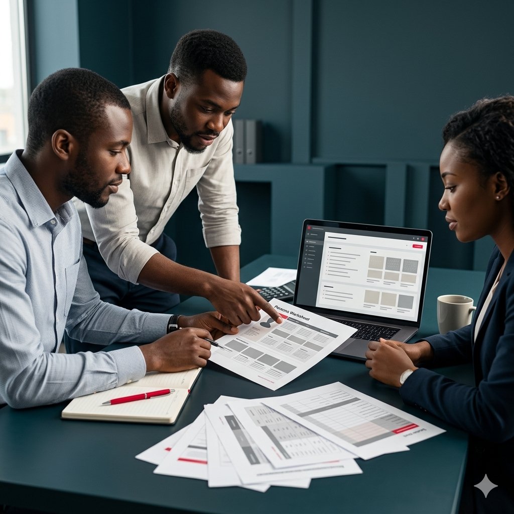 Équipe marketing analysant différents profils de clients et leurs besoins.