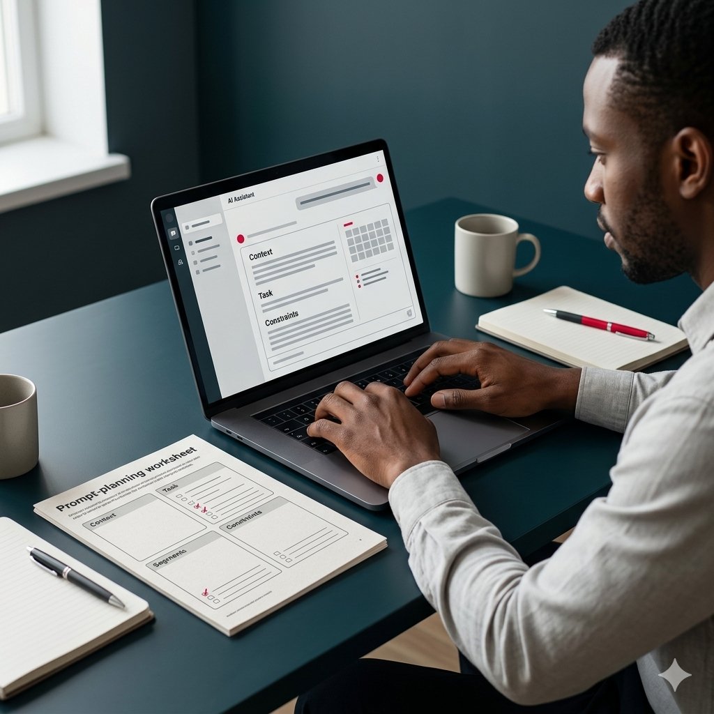 Professionnel rédigeant un prompt structuré dans une interface d’intelligence artificielle.
