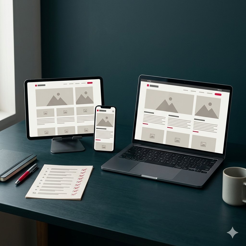 Site web testé simultanément sur ordinateur, tablette et smartphone.