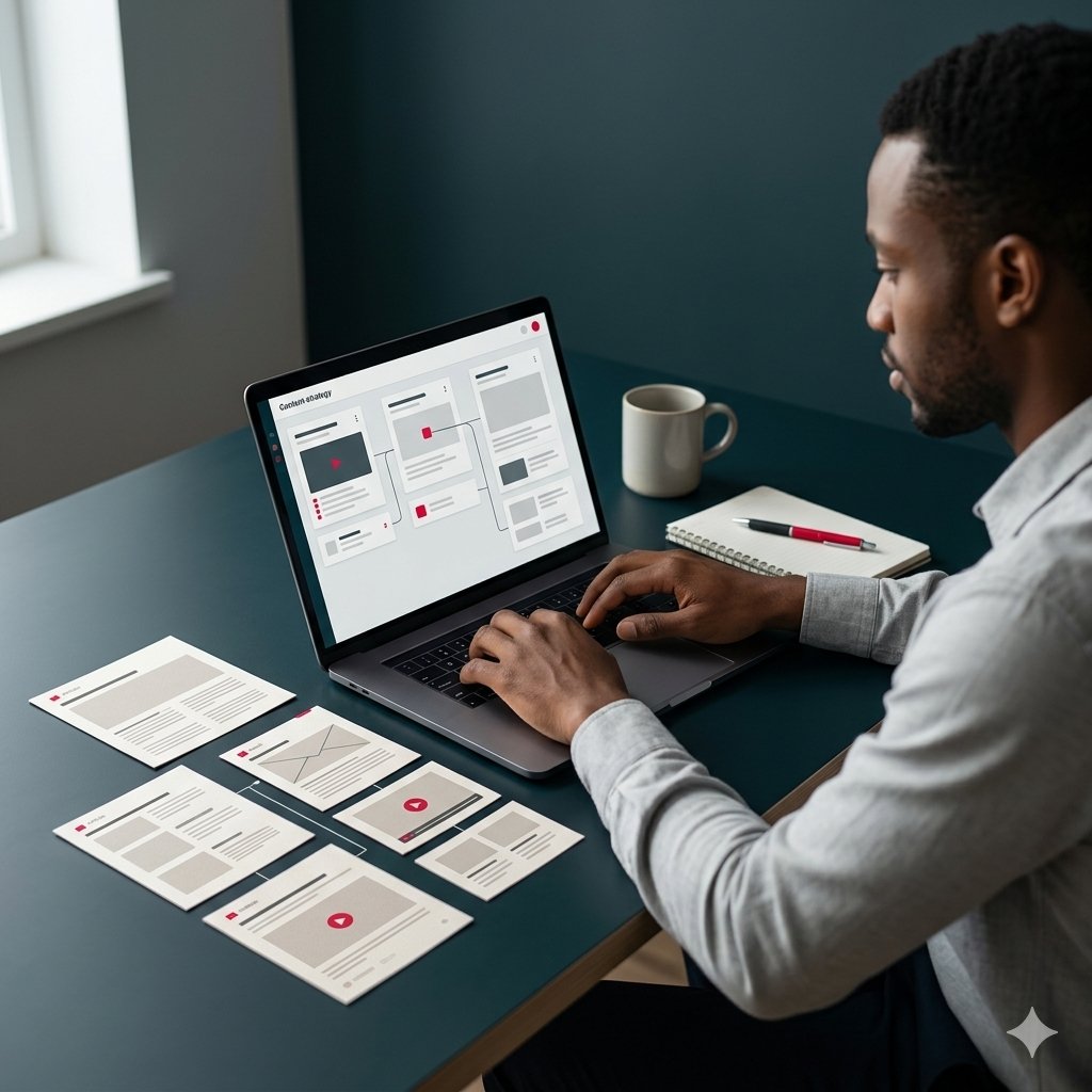 Professionnelle du marketing organisant une stratégie de contenu multicanale.