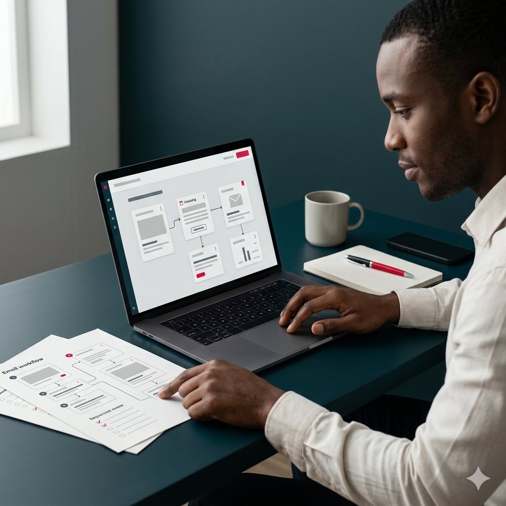 Ordinateur affichant une séquence d’emails marketing structurée.
